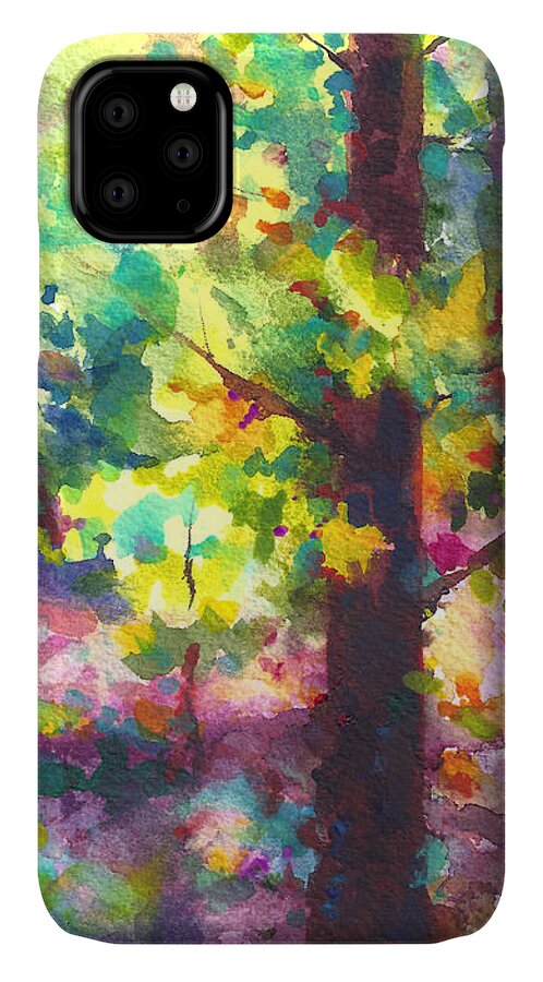 Tree iPhone 11 Case featuring the painting Dappled - light through tree canopy by Talya Johnson