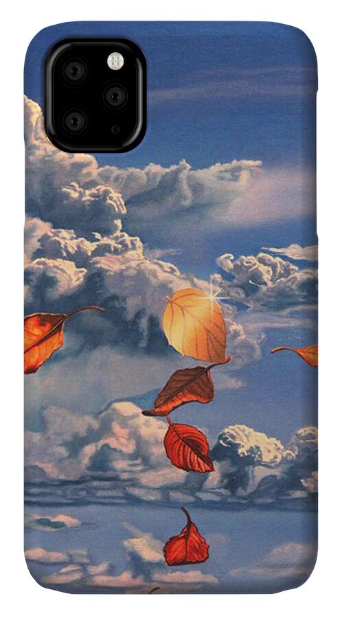 Leaves iPhone 11 Case featuring the painting Dawn of Imagination by Patrick Whelan