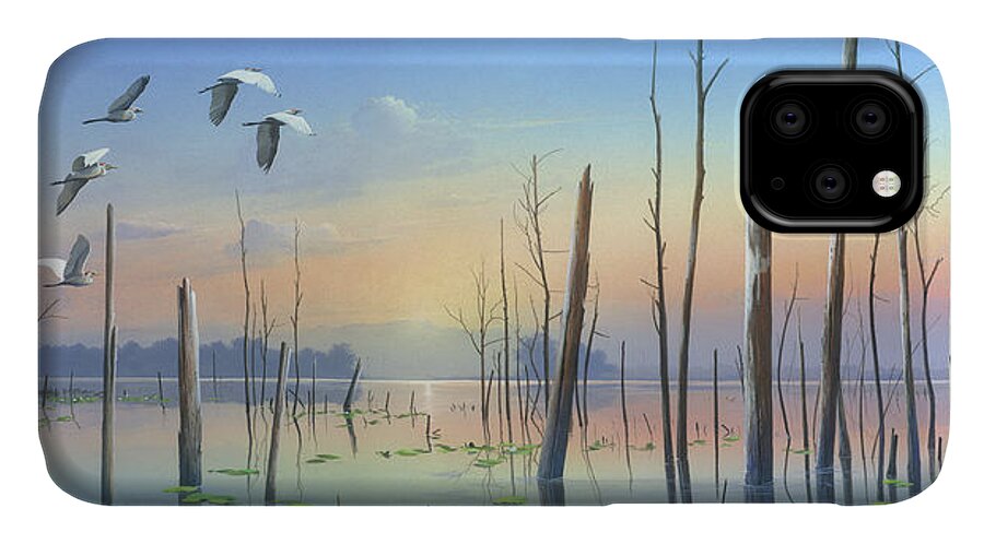 Egrets iPhone 11 Case featuring the painting Dawns Early Light by Mike Brown
