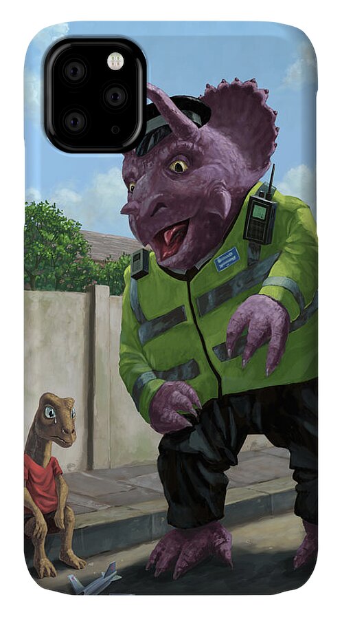 Dinosaur iPhone 11 Case featuring the painting Dinosaur Community Policeman helping youngster by Martin Davey