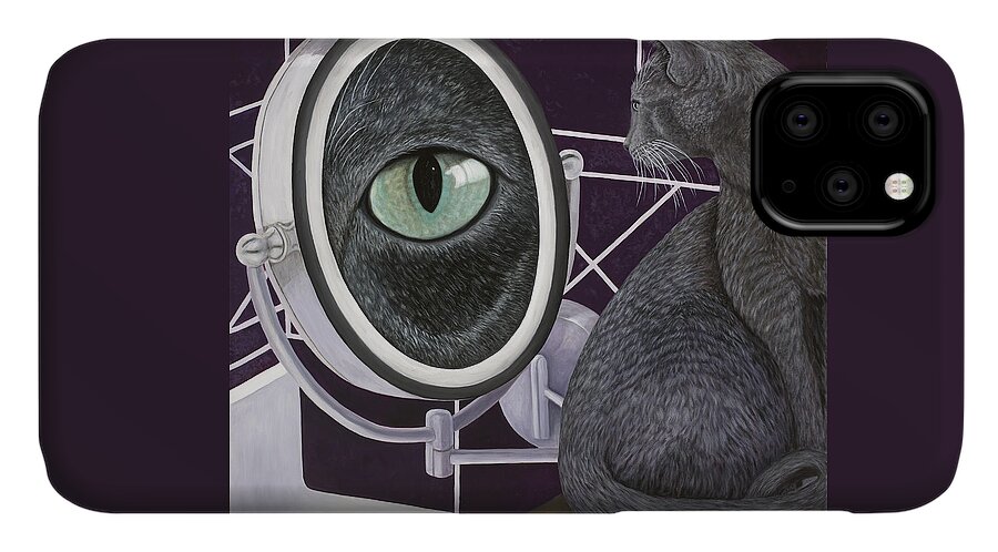 Cat Art iPhone 11 Case featuring the painting Eye See You by Karen Zuk Rosenblatt