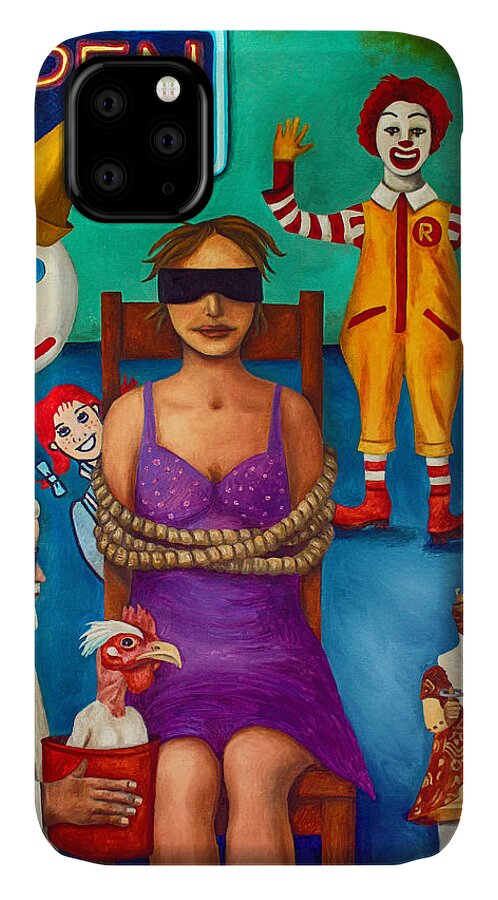 Ronald Mcdonald iPhone 11 Case featuring the painting Fast Food Nightmare 3 edit 2 by Leah Saulnier The Painting Maniac