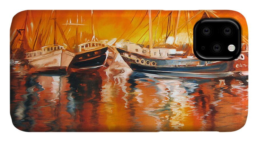 Louisiana iPhone 11 Case featuring the painting Fishing Boats at Dusk by Marcia Baldwin