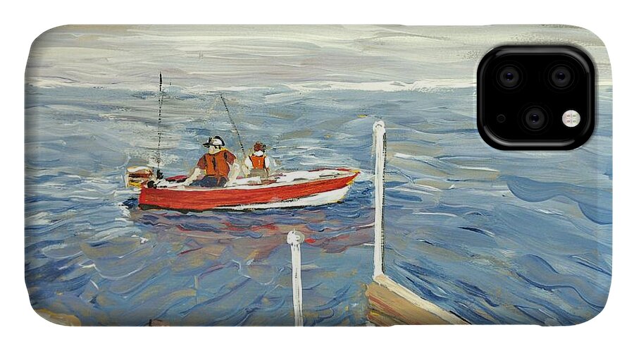 Fishing Trips iPhone 11 Case featuring the painting Fishing Day on Georgian Bay by Reb Frost