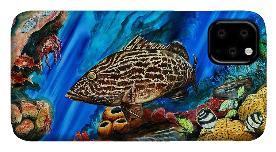 Grouper Art iPhone 11 Case featuring the painting Fishtank by Steve Ozment