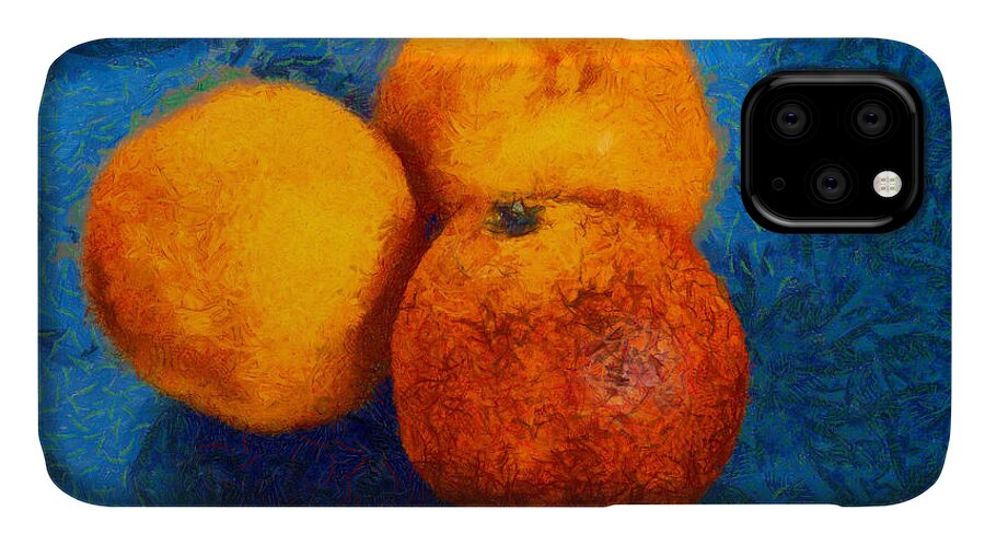 Oranges iPhone 11 Case featuring the digital art Food still life - three oranges on blue - digital painting by Matthias Hauser