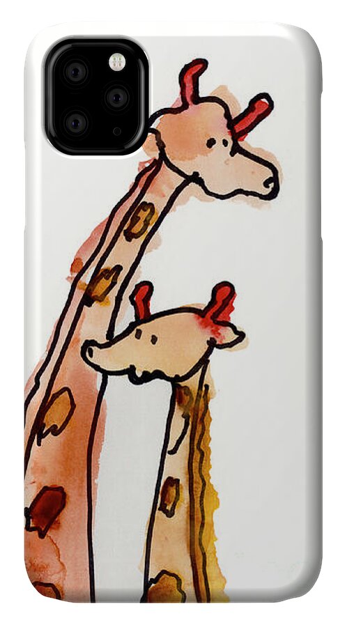 Giraffe iPhone 11 Case featuring the painting Giraffes by Max Hutcheson Age Eleven