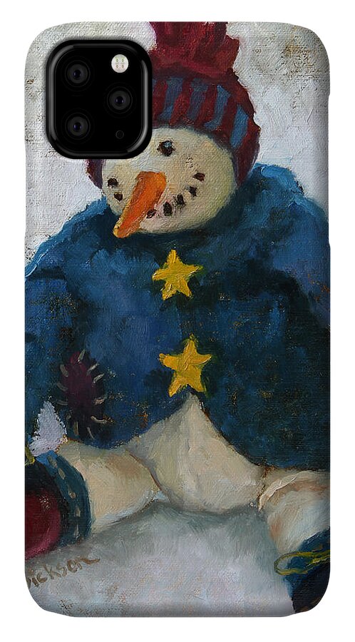 Snowman iPhone 11 Case featuring the painting Grinning Snowman by Jeff Dickson