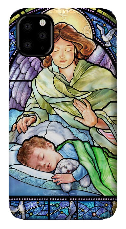 Stained iPhone 11 Case featuring the digital art Guardian Angel With Sleeping Boy by Randy Wollenmann