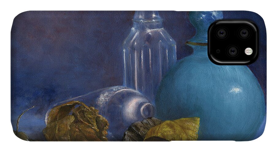 Art iPhone 11 Case featuring the painting Hand Painted Still Life Bottles Leaves by Lenora De Lude
