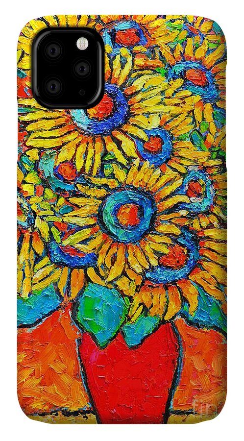 Sunflowers iPhone 11 Case featuring the painting Happy Sunflowers by Ana Maria Edulescu