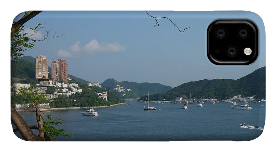 Landscape Beach Shoreline Boats Harbour Tree Water Mountains Buildings Skyline City Scape iPhone 11 Case featuring the photograph Harbour View 1 by Catherine Laydon