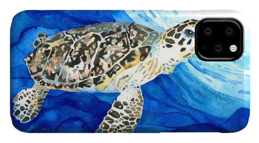 Turtle iPhone 11 Case featuring the painting Hawksbill Sea Turtle 2 by Pauline Walsh Jacobson