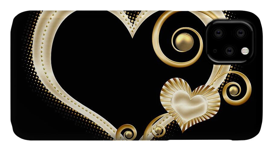 Golden Heart iPhone 11 Case featuring the digital art Hearts in Gold and Ivory on Black by Rose Santuci-Sofranko