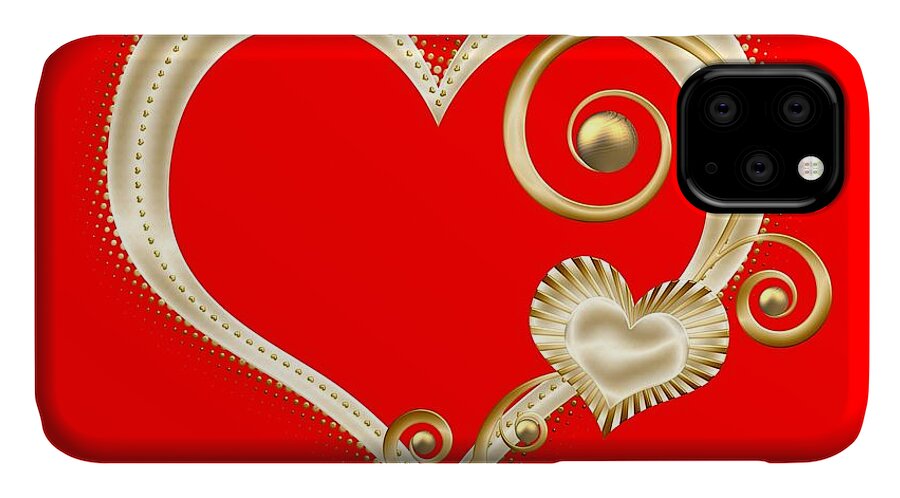 Golden Heart iPhone 11 Case featuring the digital art Hearts in Gold and Ivory on Red by Rose Santuci-Sofranko
