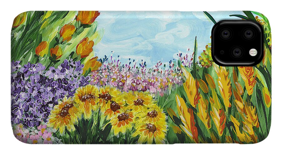 Landscape iPhone 11 Case featuring the painting In My Garden by Holly Carmichael