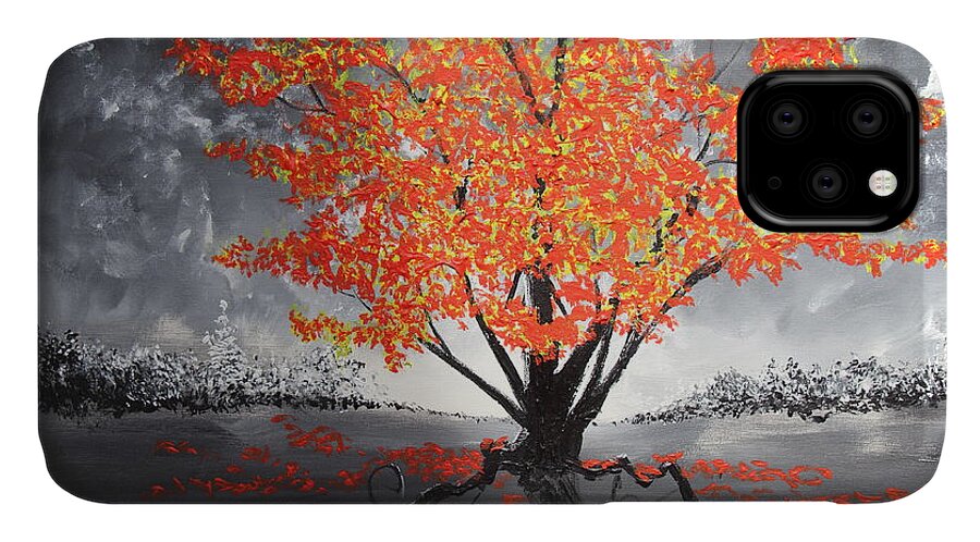 Red Tree iPhone 11 Case featuring the painting Blaze In The Twilight #1 by Stefan Duncan