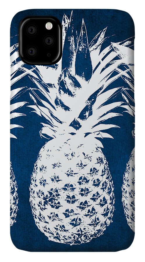 Indigo White Pineapple Blue White Print Fruit Food Kitchen Art Nature Tropical Cafe Art Bakery Art Peaceful Coastal Hawaii Beach Bedroom Art Rate My Skype Room Living Room Art Gallery Wall Art Art For Interior Designers Hospitality Art Set Design Wedding Gift Art By Linda Woods Vacation Travel iPhone 11 Case featuring the painting Indigo and White Pineapples by Linda Woods