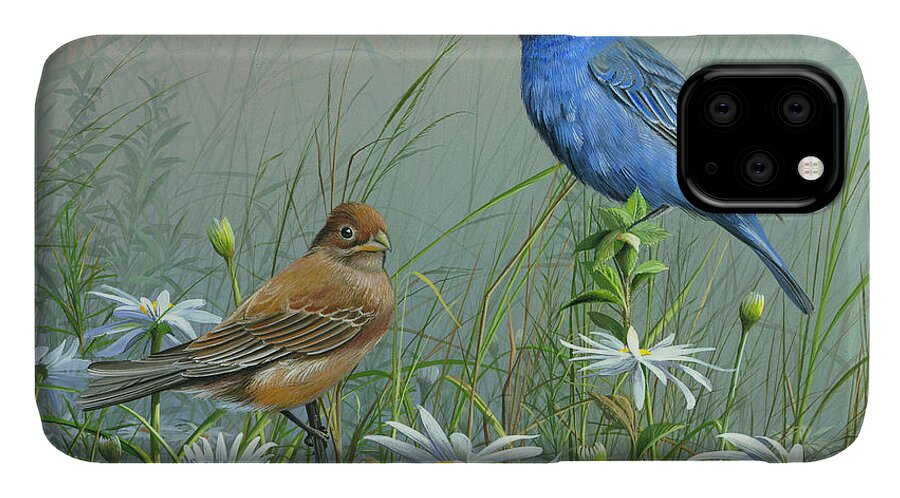 Blue Birds iPhone 11 Case featuring the painting Indigo Bunting by Mike Brown