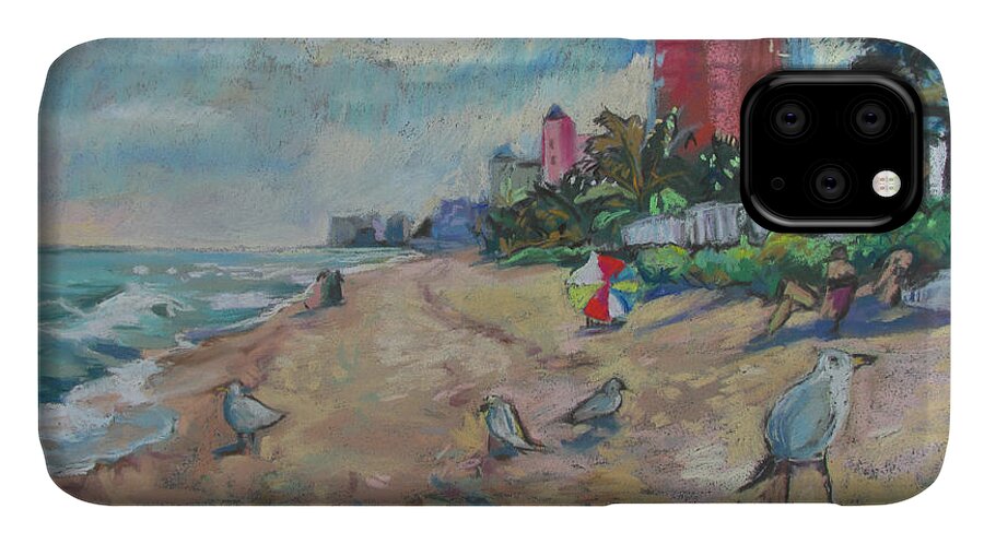 Beach iPhone 11 Case featuring the painting Jaunty Beach Birds by Linda Novick