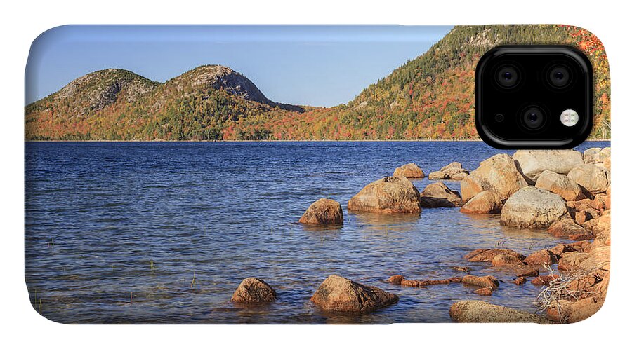 Fall iPhone 11 Case featuring the photograph Jordan Pond and The Bubbles in Autumn Acadia National Park by Ken Brown