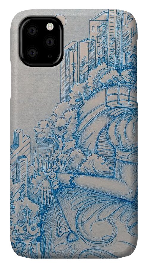 City Life iPhone 11 Case featuring the drawing Keys To The City by Judy Henninger