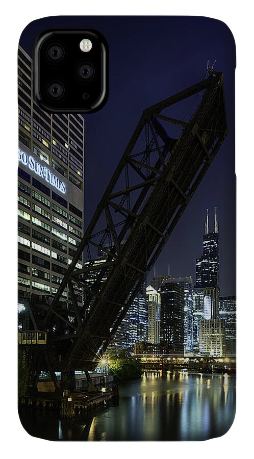 Architecture iPhone 11 Case featuring the photograph Kinzie Street railroad bridge at night by Sebastian Musial