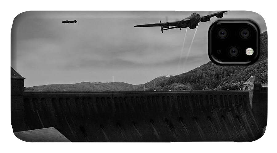 Dambusters iPhone 11 Case featuring the digital art L for Leather over the Eder Dam black and white version by Gary Eason