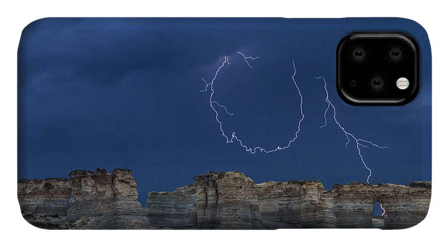 Kansas iPhone 11 Case featuring the photograph Lariat lightning at Monument Rocks by Rob Graham