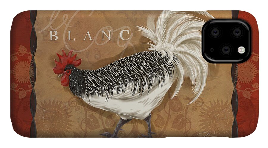 Rooster iPhone 11 Case featuring the mixed media Le Coq Rooster Blanc by Shari Warren