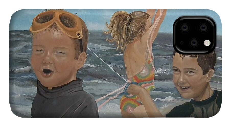 Portrait iPhone 11 Case featuring the painting Beach - Children playing - kite by Jan Dappen