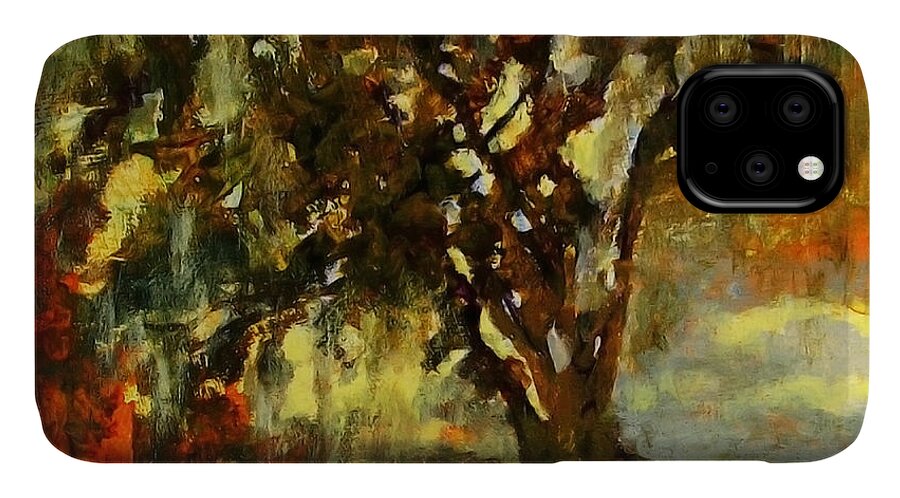 Art iPhone 11 Case featuring the painting Light through the Moss tree landscape painting by Julianne Felton