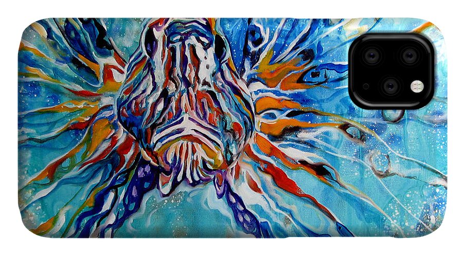 Fish iPhone 11 Case featuring the painting Lion Fish Blue by Marcia Baldwin