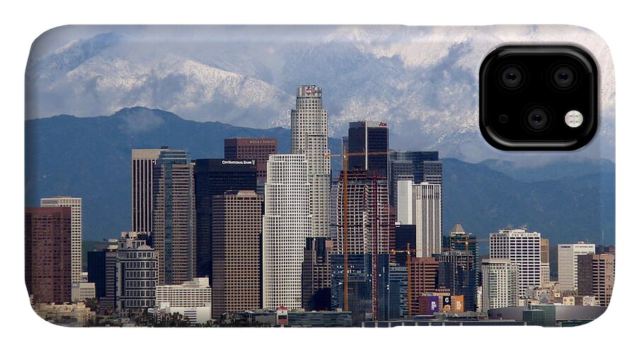 Los Angeles iPhone 11 Case featuring the photograph Los Angeles Skyline With Snowy Mountains by Jeff Lowe