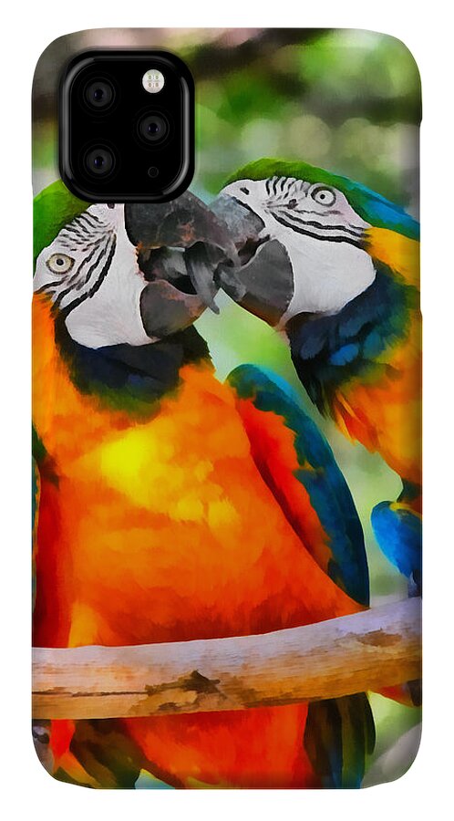 Blue iPhone 11 Case featuring the painting Love Bites - Parrots in Silver Springs by Alexandra Till