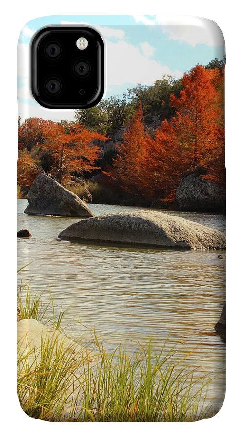 Michael Tidwell Photography iPhone 11 Case featuring the photograph Fall Cypress at Bandera Falls on the Medina River by Michael Tidwell