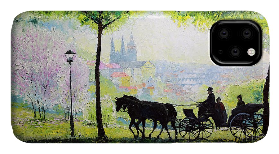 Oil On Canvas iPhone 11 Case featuring the painting Midday Walk in the Petrin Gardens Prague by Yuriy Shevchuk