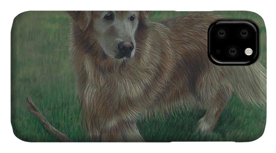 Golden Retriever iPhone 11 Case featuring the drawing Molly and Her Stick by Debbie Stonebraker