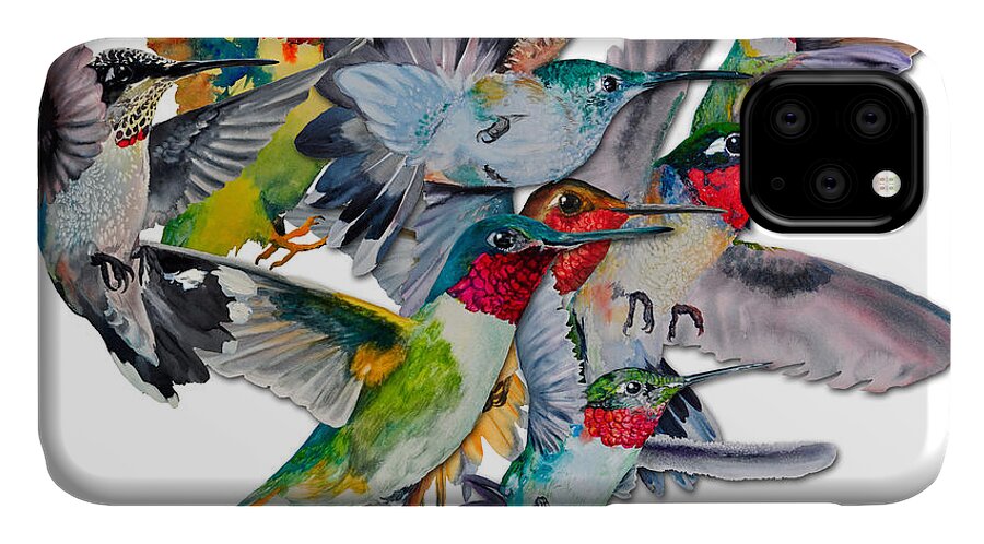 Humming Birds iPhone 11 Case featuring the painting DA053 Multi-Hummers by Daniel Adams by Daniel Adams