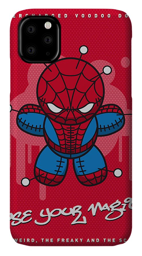  Voodoo iPhone 11 Case featuring the digital art My SUPERCHARGED VOODOO DOLLS SPIDERMAN by Chungkong Art