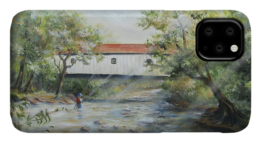 Covered Bridge iPhone 11 Case featuring the painting New Jersey's Last Covered Bridge by Katalin Luczay