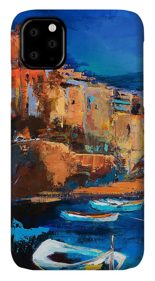 Cinque Terre iPhone 11 Case featuring the painting Night Colors Over Riomaggiore - Cinque Terre by Elise Palmigiani