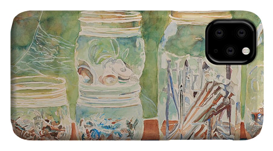 Nuts iPhone 11 Case featuring the painting Nuts and Bolts Impression by Jenny Armitage