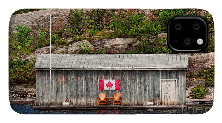 Boathouse iPhone 11 Case featuring the photograph Old boathouse with two Muskoka chairs by Les Palenik