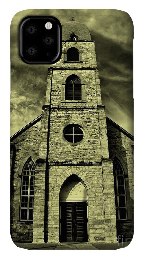 Michael Tidwell Photography iPhone 11 Case featuring the photograph Old St. Mary's Church in Fredericksburg Texas in Sepia by Michael Tidwell