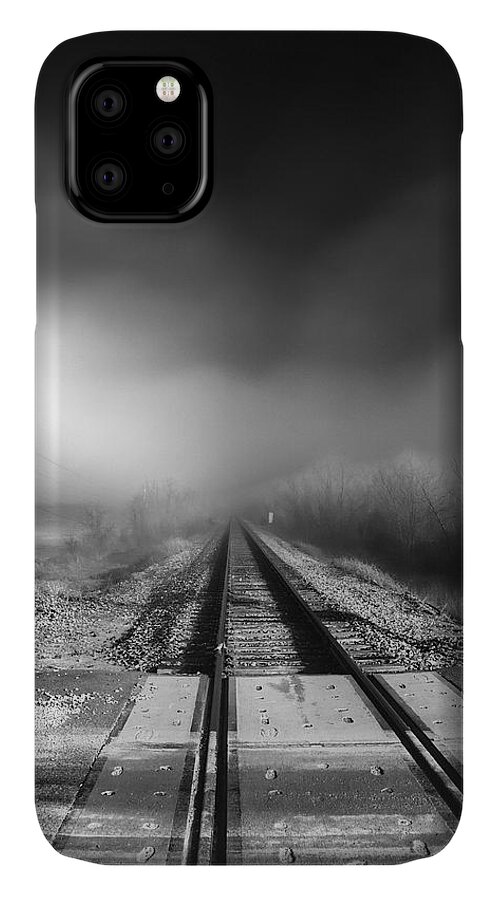 Railroad Tracks iPhone 11 Case featuring the photograph Onward - Railroad Tracks - Fog by Jason Politte