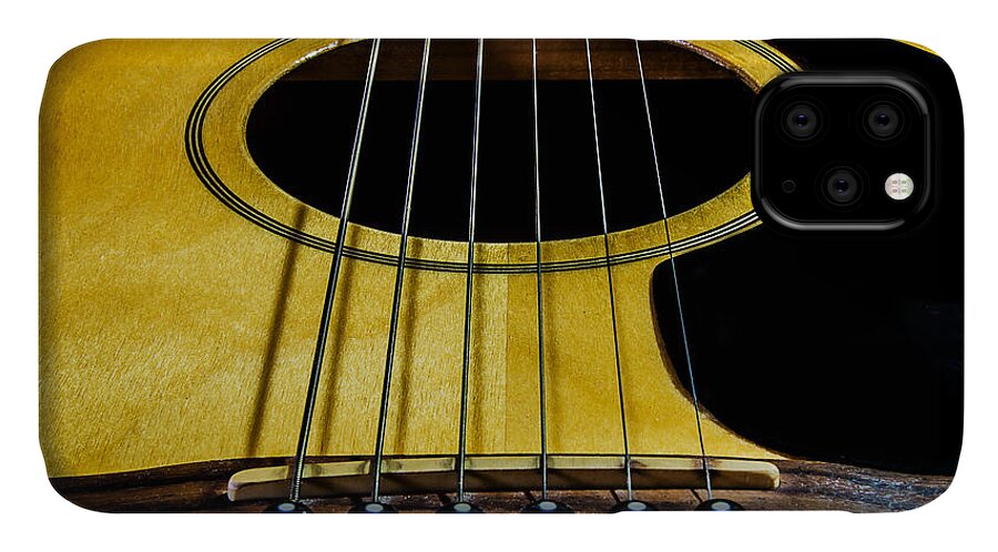 Guitar iPhone 11 Case featuring the pyrography Organizer of Sound by Rick Bartrand