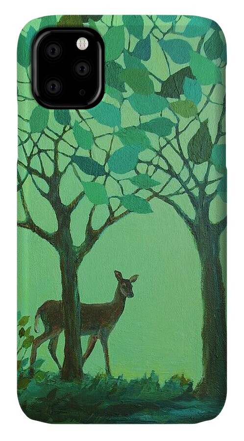 Landscape iPhone 11 Case featuring the painting Out of the Forest by Mary Wolf