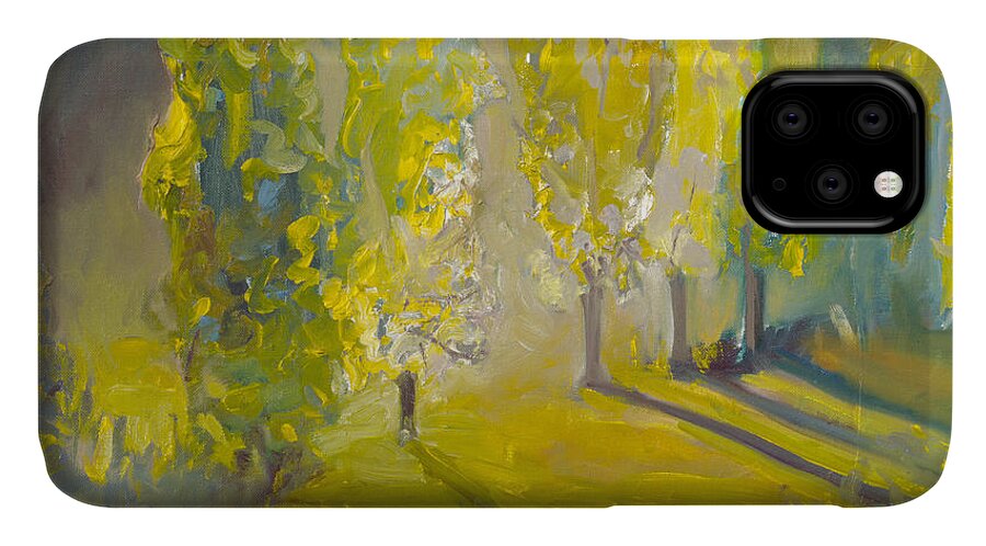 Impressionist iPhone 11 Case featuring the painting Poplars in the Morning by Lynn Hansen