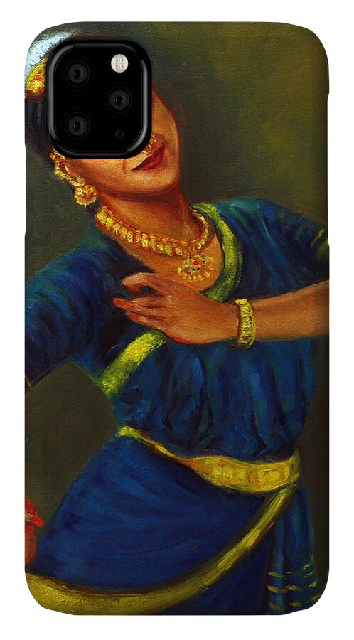 Bharatanatyam Dancer iPhone 11 Case featuring the painting Radha playing Krishna by Asha Sudhaker Shenoy